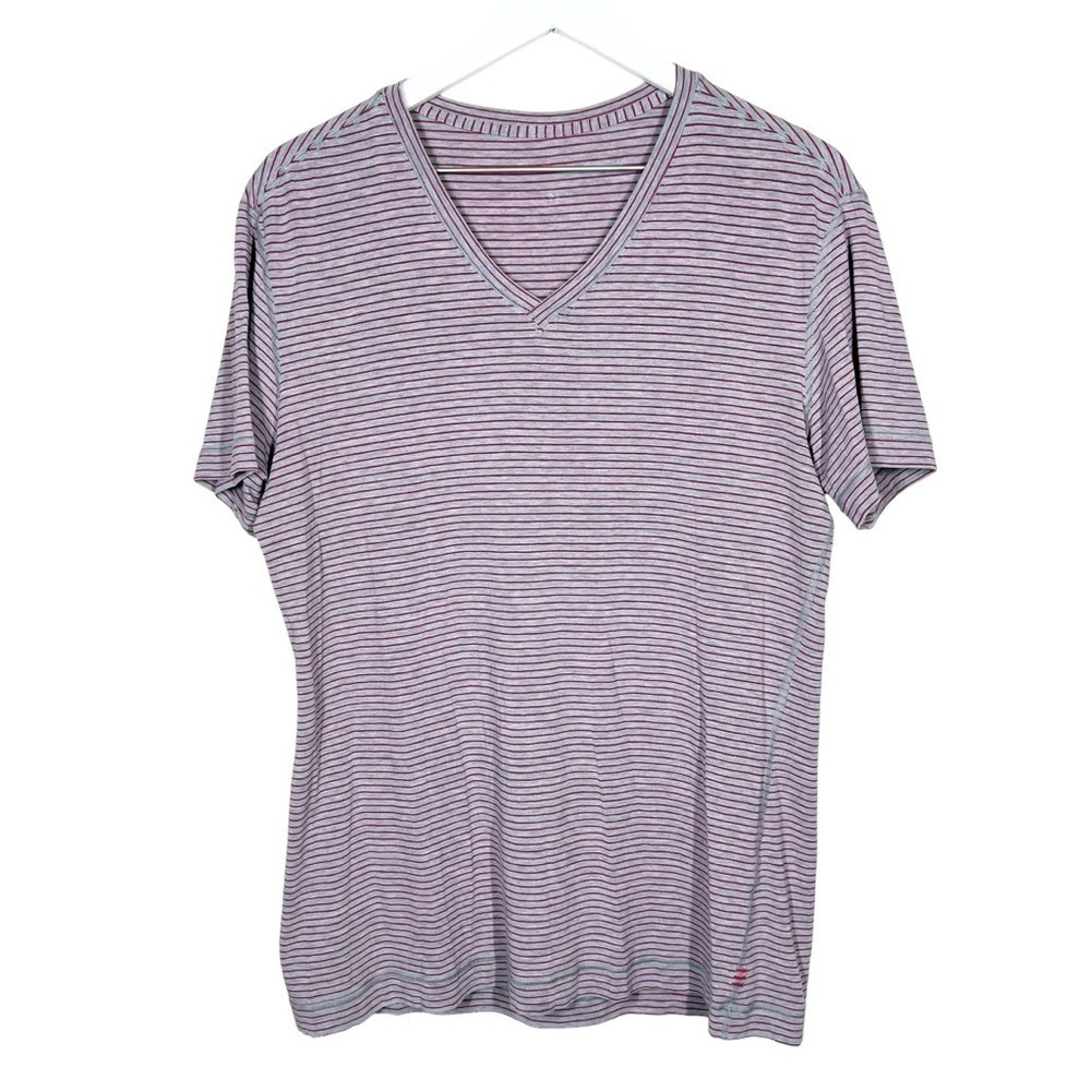 Lululemon Mens Gray and Red Striped Vneck Workout Short Sleeve Tee Shirt